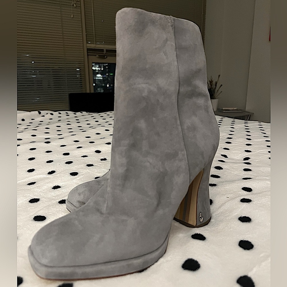 Sam Edelman grayish blue suede boot.